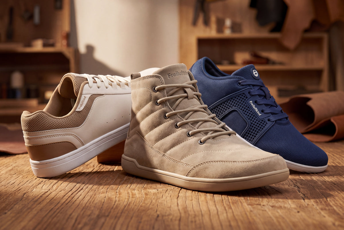 Barfußschuhe Kauri, Canyon und Hokkaido nebeneinander auf Holzboden – Sneaker für lange Arbeitstage im Stehen
